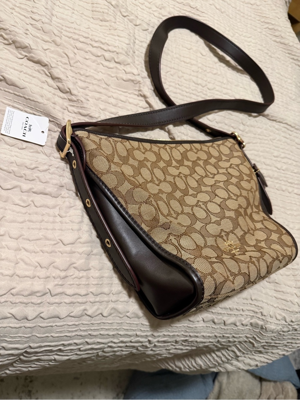 Coach Brown Signature Canvas Shoulder Bag with Dark Brown Trim
